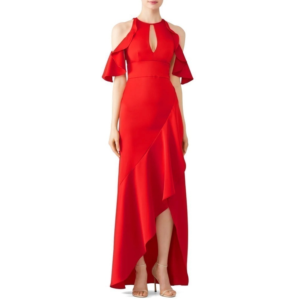 B28 Monique Lhuillier  Ruffle High Low Gown Red 2 Cold Shoulder‎ Formal Wedding